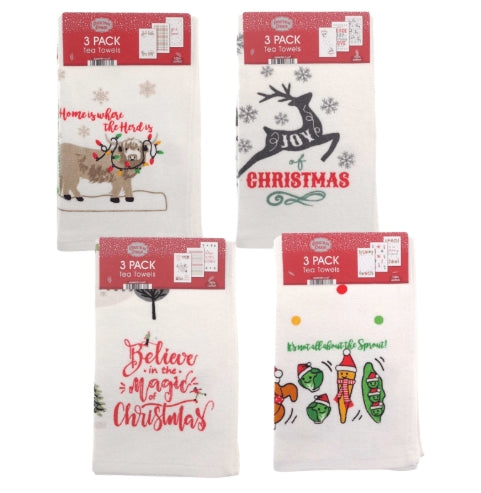 Christmas Design 100% Cotton 3 Pack Velour Tea Towels