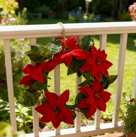 20cm Christmas Plastic Wreath with Red Poinsettia Flowers for Festive Door Decoration