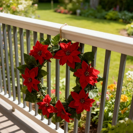20cm Christmas Plastic Wreath with Red Poinsettia Flowers for Festive Door Decoration