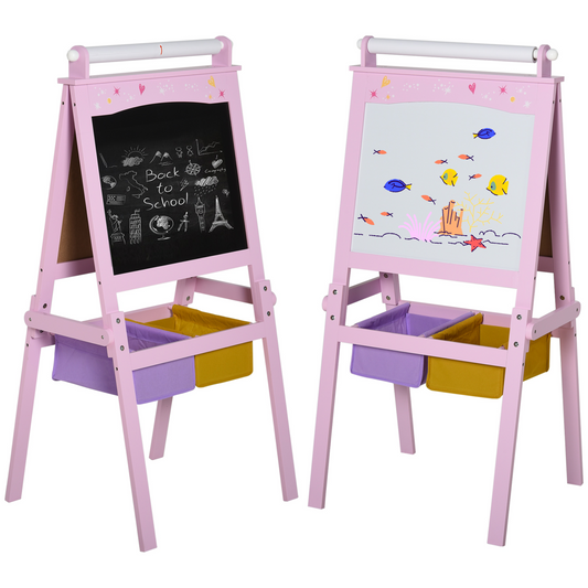 Kids Wooden Art Easel with Paper Roll Double-Sided Chalkboard